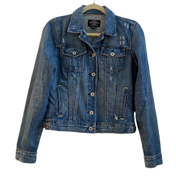 Ralph Lauren Polo Jeans Distressed Rocker Denim Trucker Ripped Y2K Jean Jacket-M - Picture 1 of 14